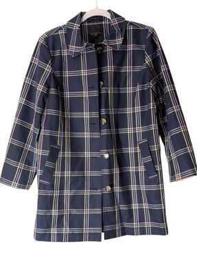Talbots Plaid A-Line Mac Jacket in navy with multi-colored lines trench size LP